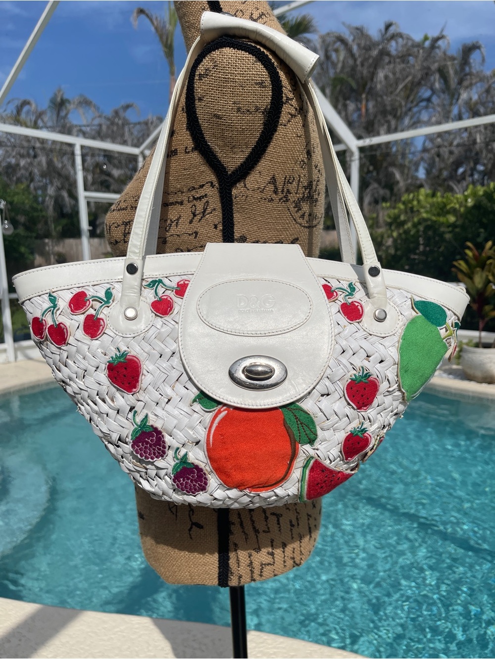D&G White Woven Tote with Colorful Fruit Appliqués